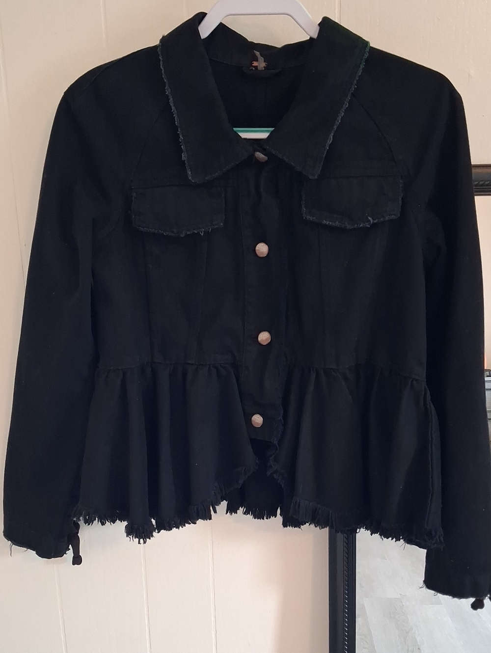 Free People Black Denim Jacket with Lace-up Sleeves And Ruffled Peplum Hem